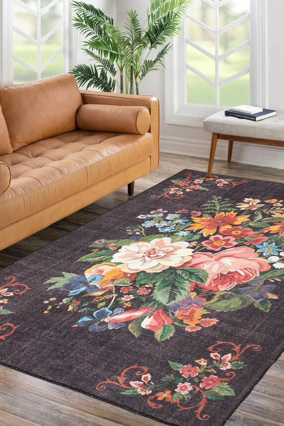 Woven Base Decorative Black Carpet With Floral Pattern