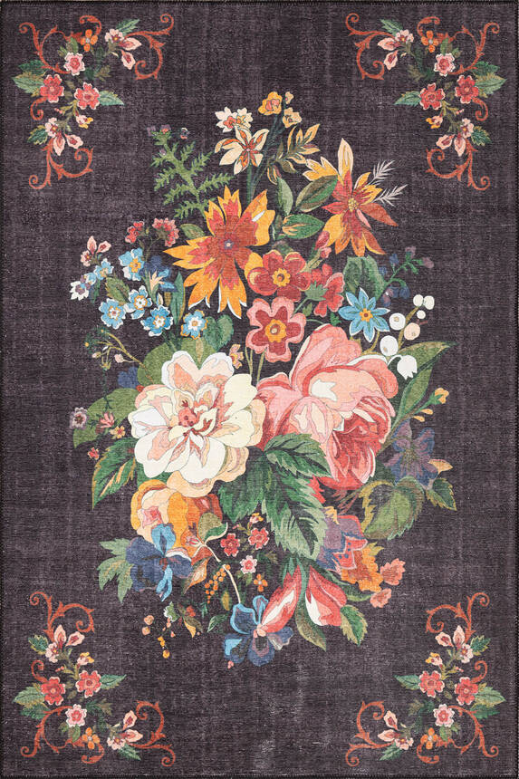 Woven Base Decorative Black Carpet With Floral Pattern