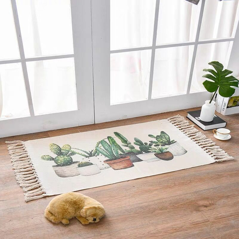 Scandinavian Style Linen and Cotton Carpet - Cactus Pattern