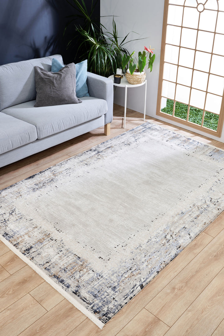 Cream and Navy Blue Abstract Rug